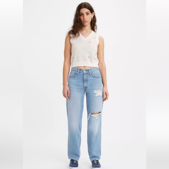 Levi's Denim - Levi’s 94 Baggy Vintage Mid Rise Straight Leg Ripped Denim Blue Jeans Size 28